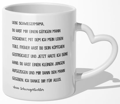 22Feels® Schwiegermutter Geschenk von Schwiegertochter bzw. Braut - Tasse mit Spruch: Du hast mir einen gütigen Mann geschenkt (Herzhenkel, Weiss, 320ml)-Tasse Weiss Herzhenkel 320ml-22Feels