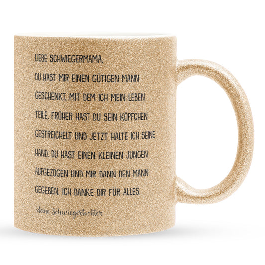 22Feels® Schwiegermutter Geschenk von Schwiegertochter bzw. Braut - Glitzertasse mit Spruch (Gold, 320ml)-Glitzertasse Gold 320ml-22Feels