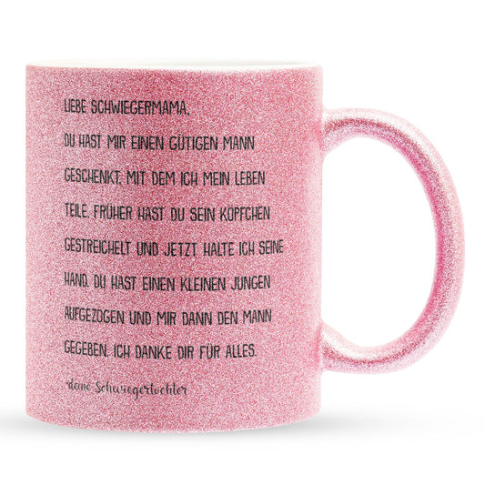 22Feels® Schwiegermutter Geschenk von Schwiegertochter bzw. Braut - Glitzertasse mit Spruch (Pink, 320ml)-Glitzertasse Pink 320ml-22Feels