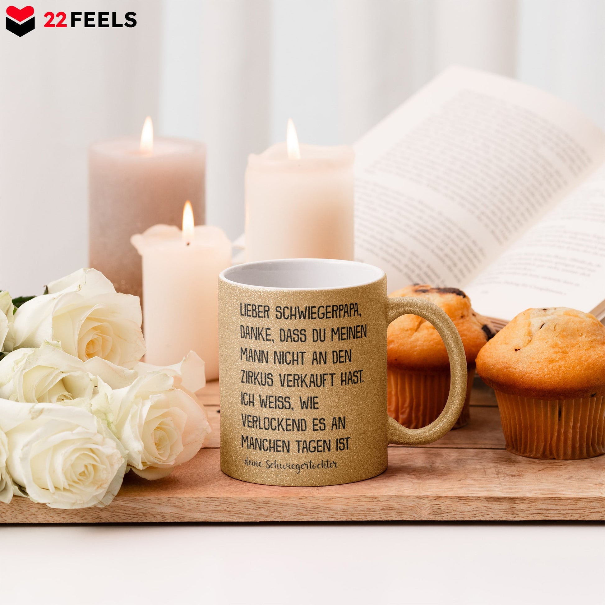 22Feels® Schwiegervater Geschenk von Schwiegertochter bzw. Braut - Glitzertasse mit Spruch (Gold, 320ml)-Glitzertasse Gold 320ml-22Feels