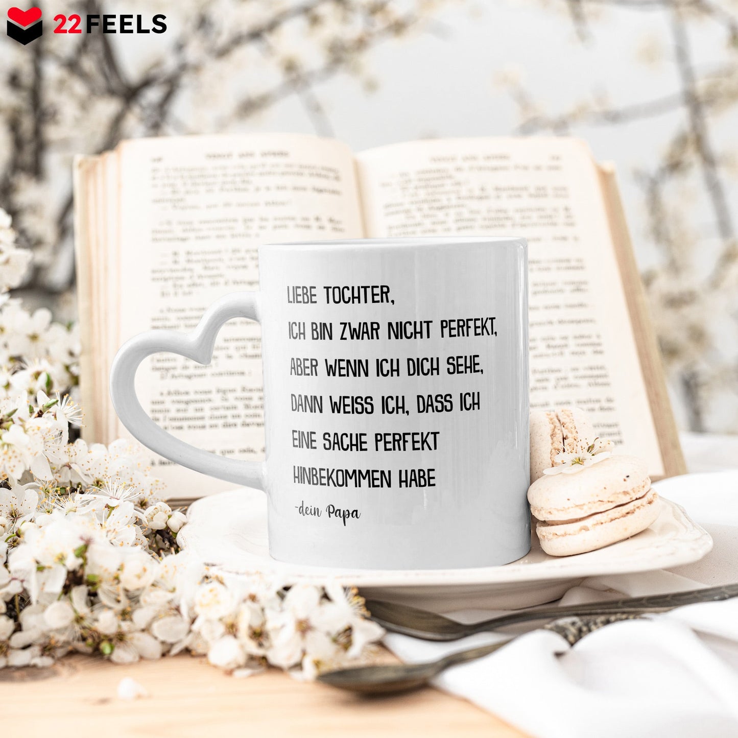 22Feels® Tochter Geschenk von Papa - Tasse mit Spruch: Ich bin zwar nicht perfekt, aber (Herzhenkel, Weiss, 320ml)-Tasse Weiss Herzhenkel 320ml-22Feels