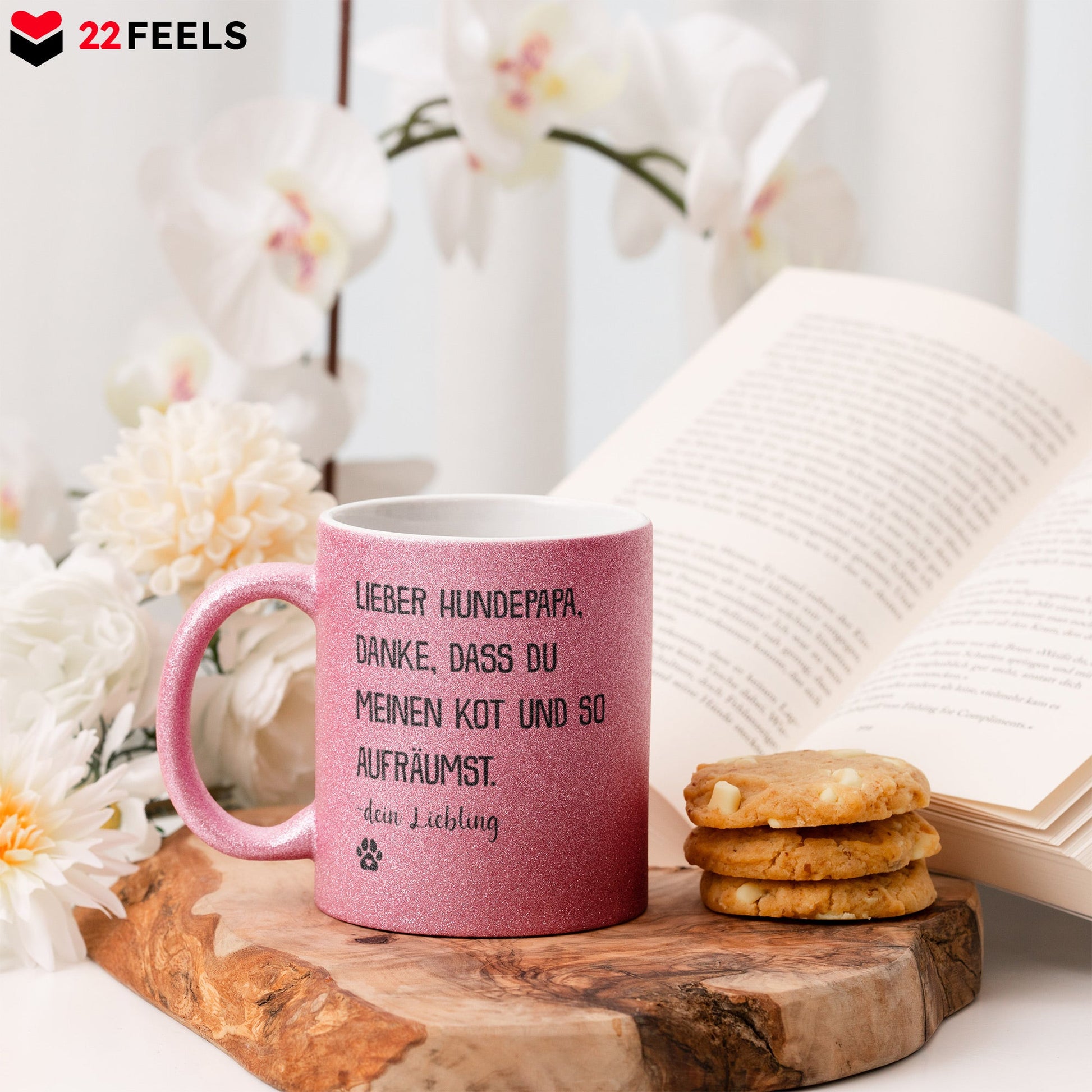 22Feels® Hundepapa Geschenk - Glitzertasse mit Spruch (Pink, 320ml)-Glitzertasse Pink 320ml-22Feels