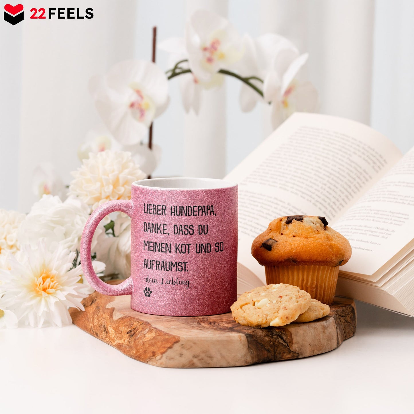22Feels® Hundepapa Geschenk - Glitzertasse mit Spruch (Pink, 320ml)-Glitzertasse Pink 320ml-22Feels