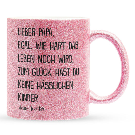 22Feels® Papa Geschenk von Tochter - Glitzertasse mit Spruch (Pink, 320ml)-Glitzertasse Pink 320ml-22Feels