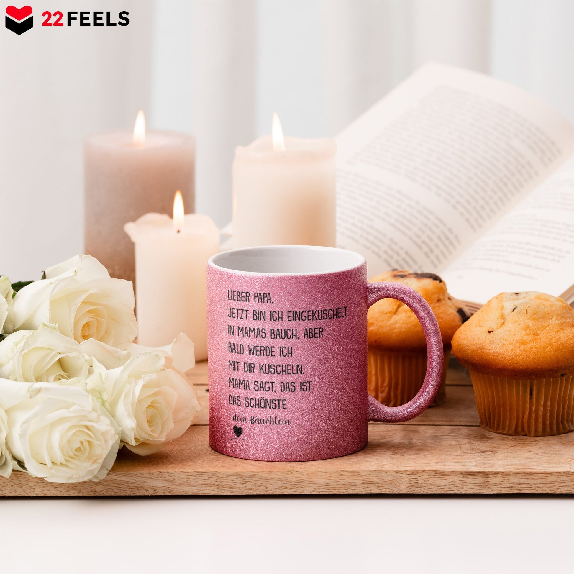 22Feels® Geschenk für Werdende Väter zur Schwangerschaft - Du Wirst Papa Glitzertasse mit Spruch (Pink, 320ml)-Glitzertasse Pink 320ml-22Feels