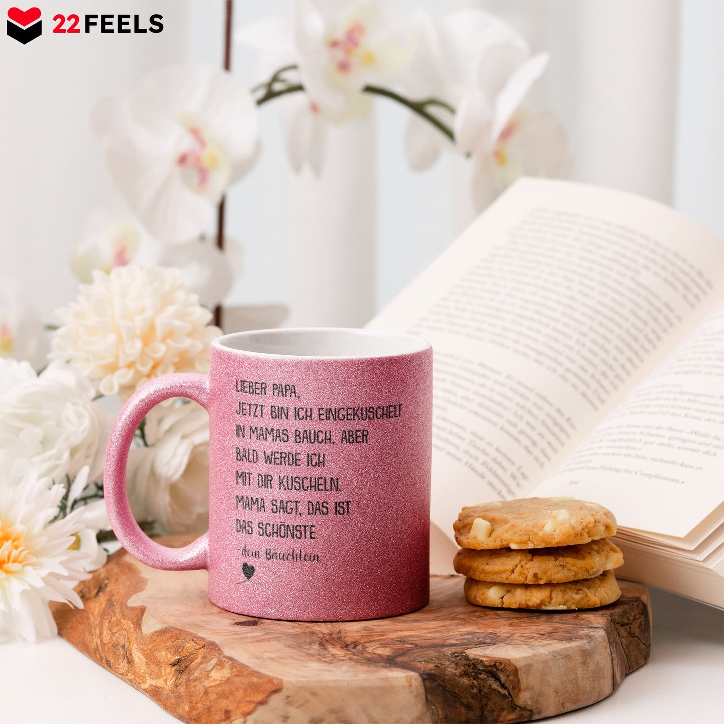 22Feels® Geschenk für Werdende Väter zur Schwangerschaft - Du Wirst Papa Glitzertasse mit Spruch (Pink, 320ml)-Glitzertasse Pink 320ml-22Feels