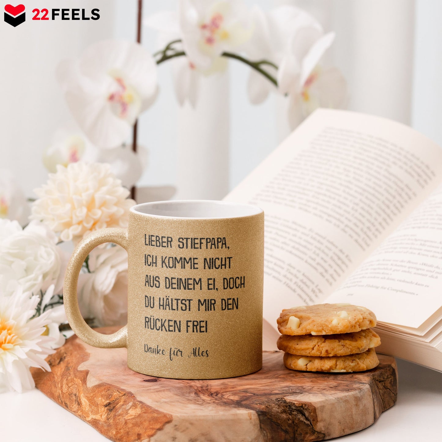 22Feels® Stiefvater Geschenk - Glitzertasse mit Spruch (Gold, 320ml)-Glitzertasse Gold 320ml-22Feels