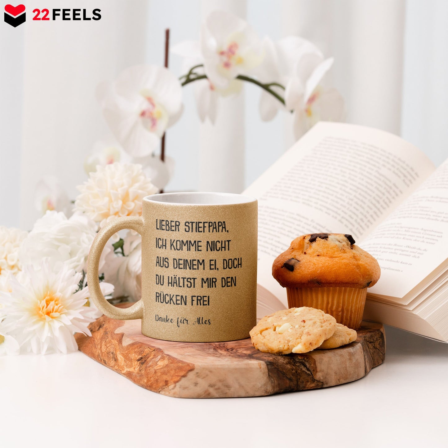 22Feels® Stiefvater Geschenk - Glitzertasse mit Spruch (Gold, 320ml)-Glitzertasse Gold 320ml-22Feels