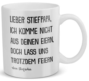 22Feels® Geschenk für Stiefvater von Stiefsohn - Tasse mit Spruch: Lass Uns Trotzdem Feiern (Weiss, 320ml)-Weisse Tasse 320ml-22Feels