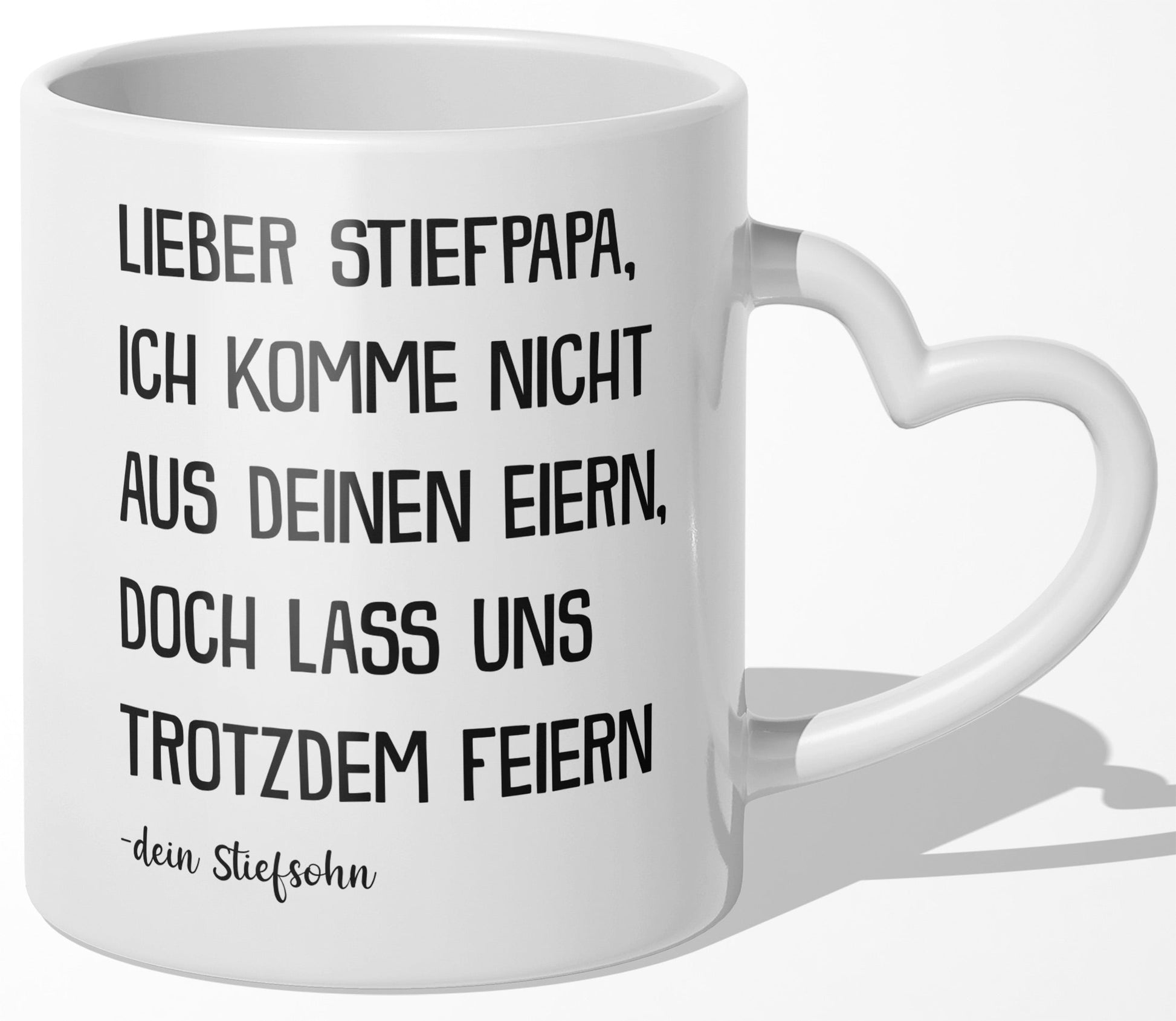 22Feels® Stiefvater Geschenk von Stiefsohn - Tasse mit Spruch: Lass uns feiern (Herzhenkel, Weiss, 320ml)-Tasse Weiss Herzhenkel 320ml-22Feels