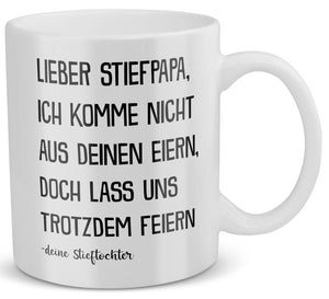 22Feels® Geschenk für Stiefvater von Stieftochter - Tasse mit Spruch: Lass Uns Trotzdem Feiern (Weiss, 320ml)-Weisse Tasse 320ml-22Feels
