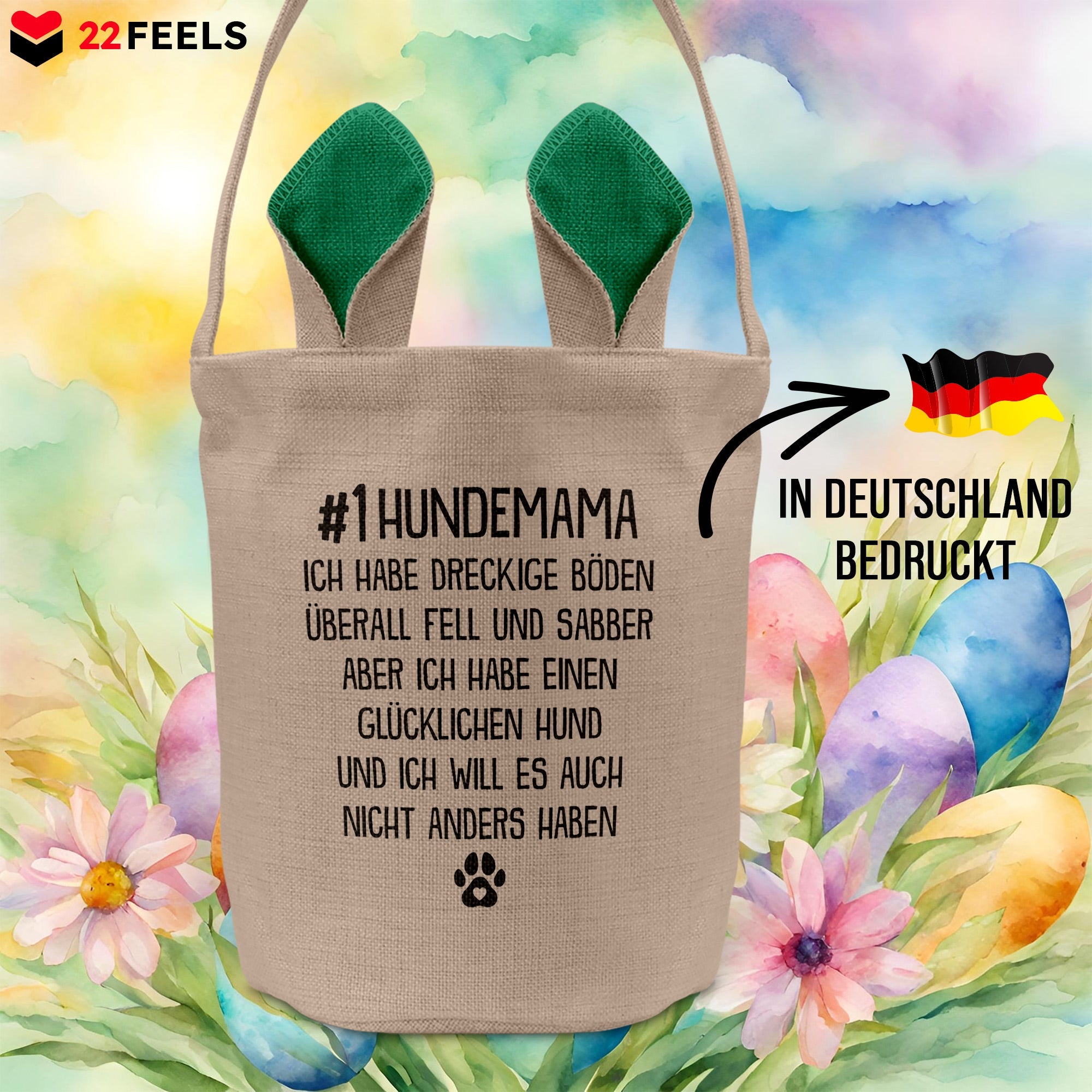 22Feels® Hundemama Frauchen Hund Osterkorb mit Henkel Ostergeschenk Tragetasche Ostern Deko Osternest Körbchen Hasenohren (Beige/Grün)-Ostern Tragetasche-22Feels
