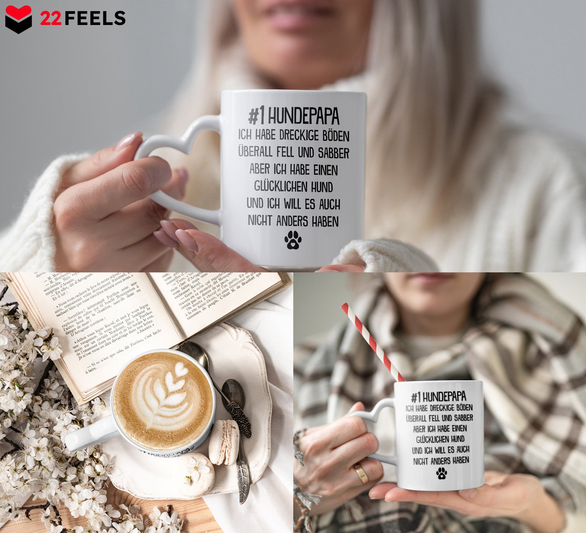 22Feels® Hundepapa Geschenk - Tasse mit Spruch: Glücklicher Hund (Herzhenkel, Weiss, 320ml)-Tasse Weiss Herzhenkel 320ml-22Feels