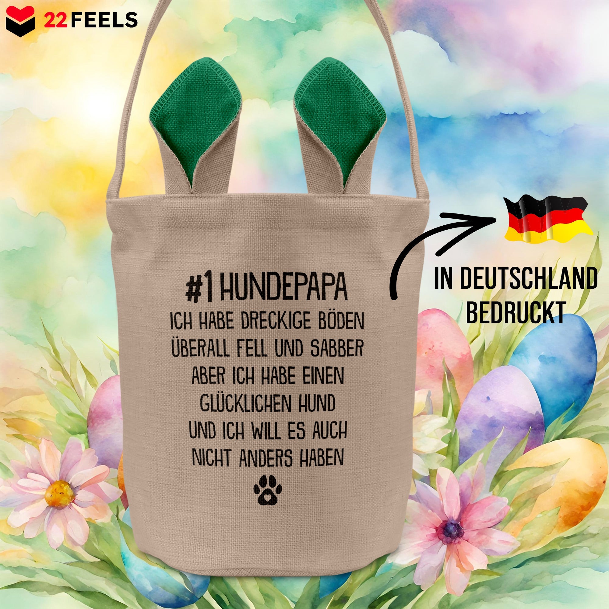 22Feels® Hundepapa Herrchen Hund Osterkorb mit Henkel Ostergeschenk Tragetasche Ostern Deko Osternest Körbchen Hasenohren (Beige/Grün)-Ostern Tragetasche-22Feels