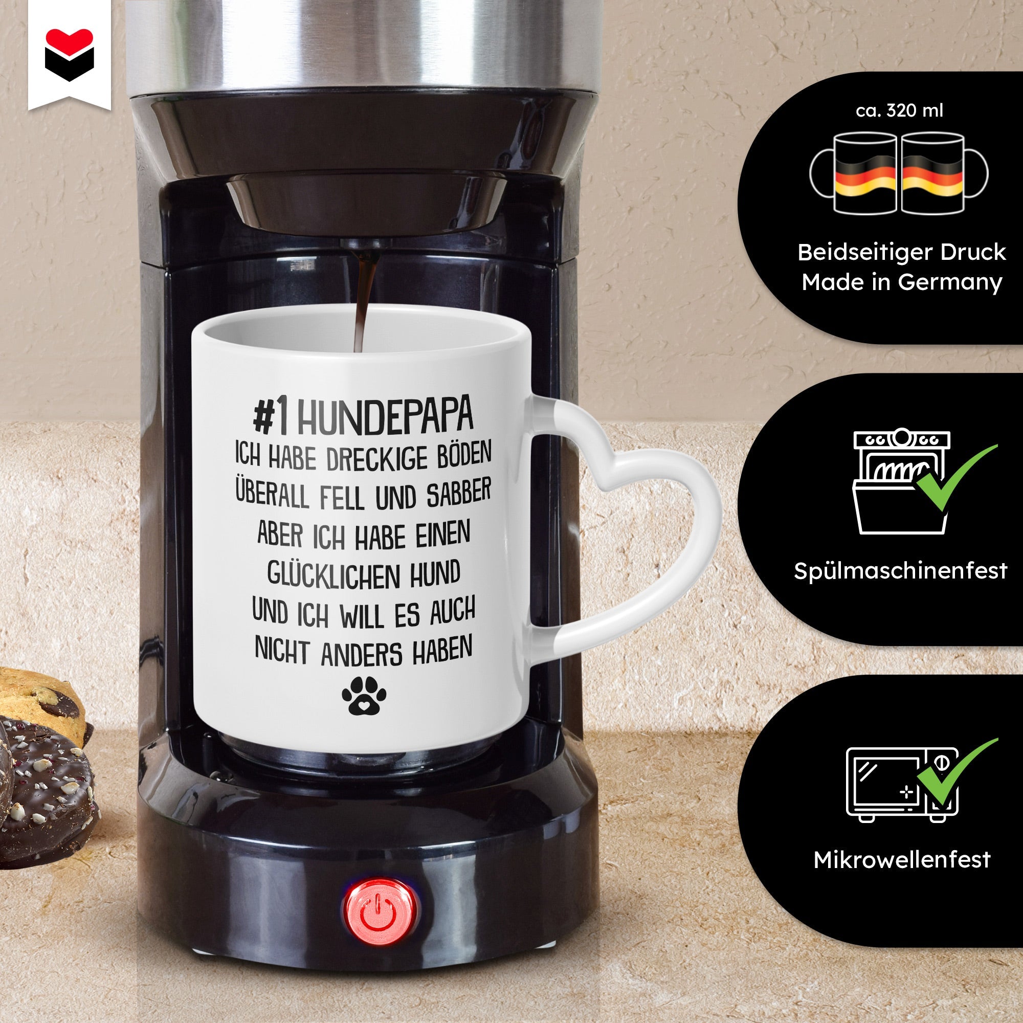 22Feels® Hundepapa Geschenk - Tasse mit Spruch: Glücklicher Hund (Herzhenkel, Weiss, 320ml)-Tasse Weiss Herzhenkel 320ml-22Feels