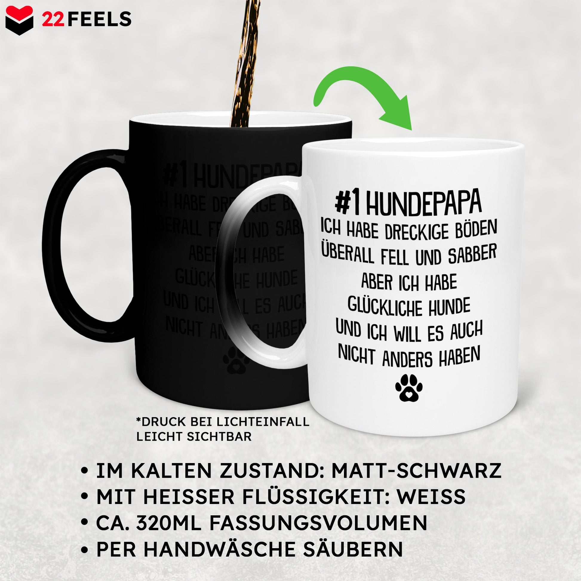 22Feels® Hundepapa Geschenk - Zaubertasse mit Spruch (Matt-Schwarz und Weiss, 320ml)-Farbwechsel Tasse Matt 320ml-22Feels