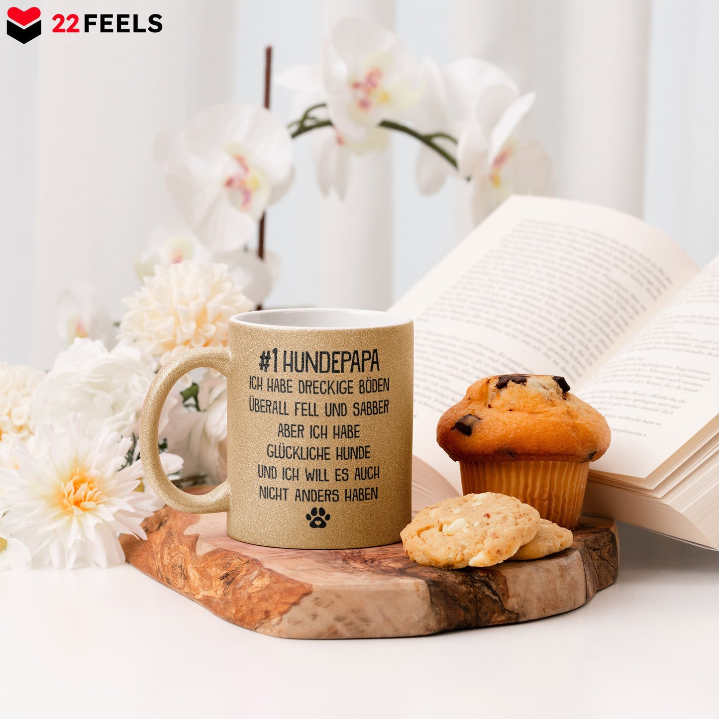 22Feels® Hundepapa Geschenk - Glitzertasse mit Spruch (Gold, 320ml)-Glitzertasse Gold 320ml-22Feels