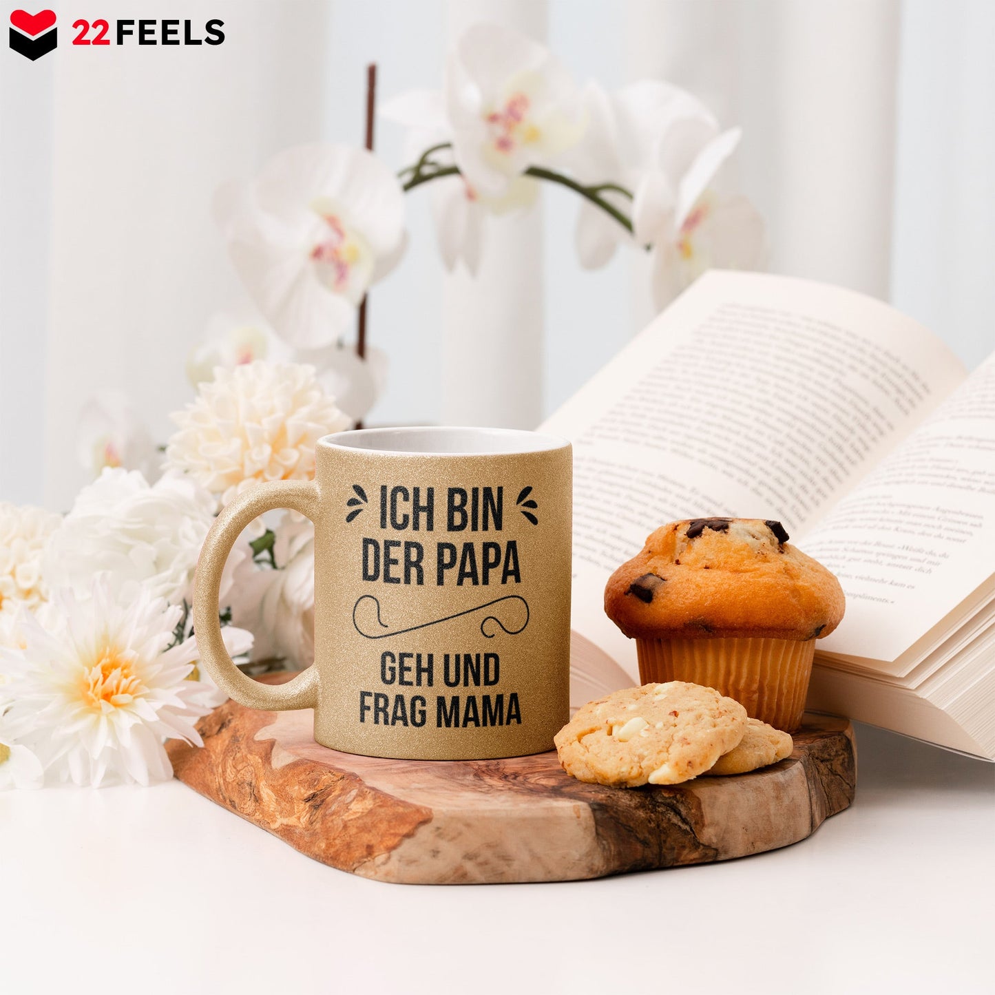 22Feels® Geschenk für Papas - Glitzertasse mit Spruch (Gold, 320ml)-Glitzertasse Gold 320ml-22Feels
