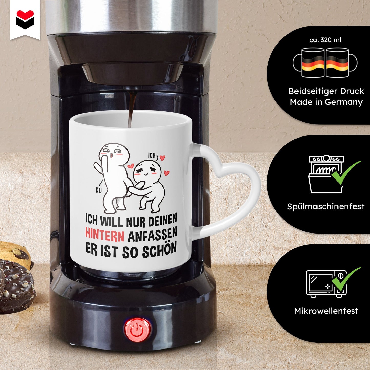 22Feels® Paar Geschenk zum Jahrestag, Hochzeitstag, Valentinstag etc. - Tasse mit Spruch: Ich will nur (Herzhenkel, Weiss, 320ml)-Tasse Weiss Herzhenkel 320ml-22Feels