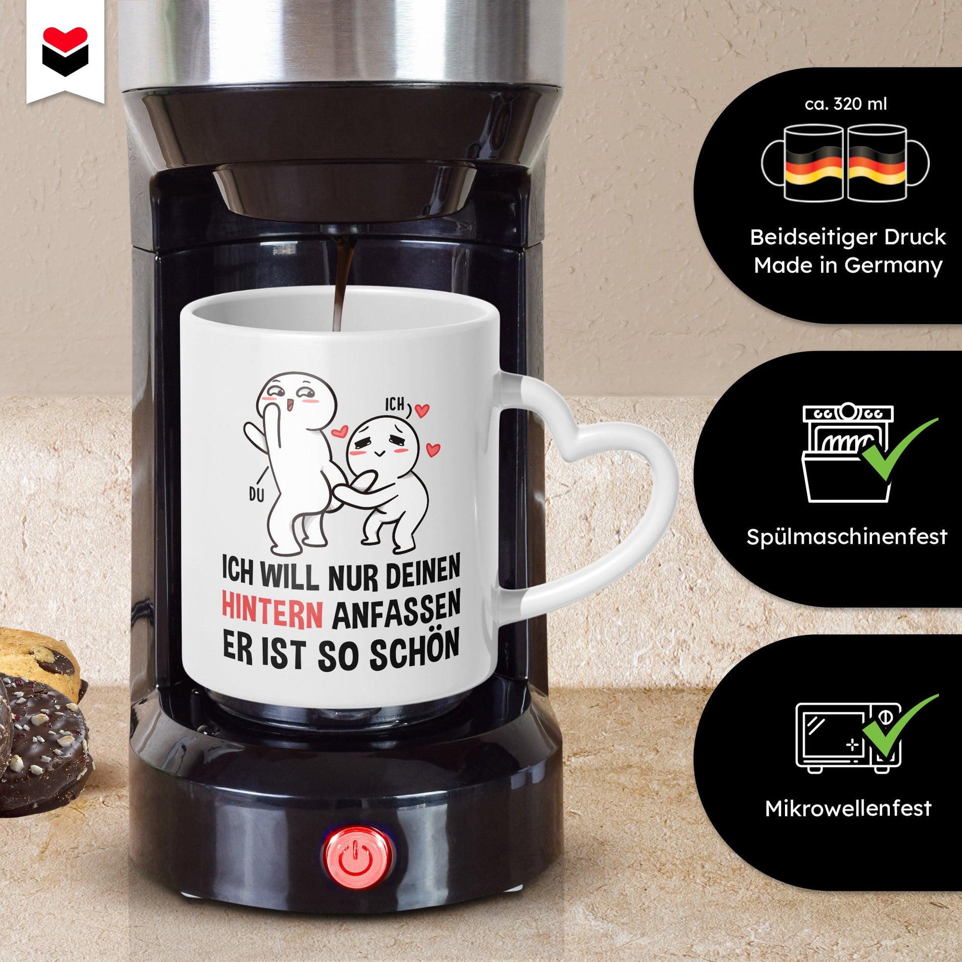 22Feels® Paar Geschenk zum Jahrestag, Hochzeitstag, Valentinstag etc. - Tasse mit Spruch: Ich will nur (Herzhenkel, Weiss, 320ml)-Tasse Weiss Herzhenkel 320ml-22Feels