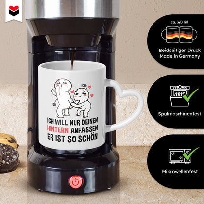 22Feels® Paar Geschenk zum Jahrestag, Hochzeitstag, Valentinstag etc. - Tasse mit Spruch: Ich will nur (Herzhenkel, Weiss, 320ml)-Tasse Weiss Herzhenkel 320ml-22Feels