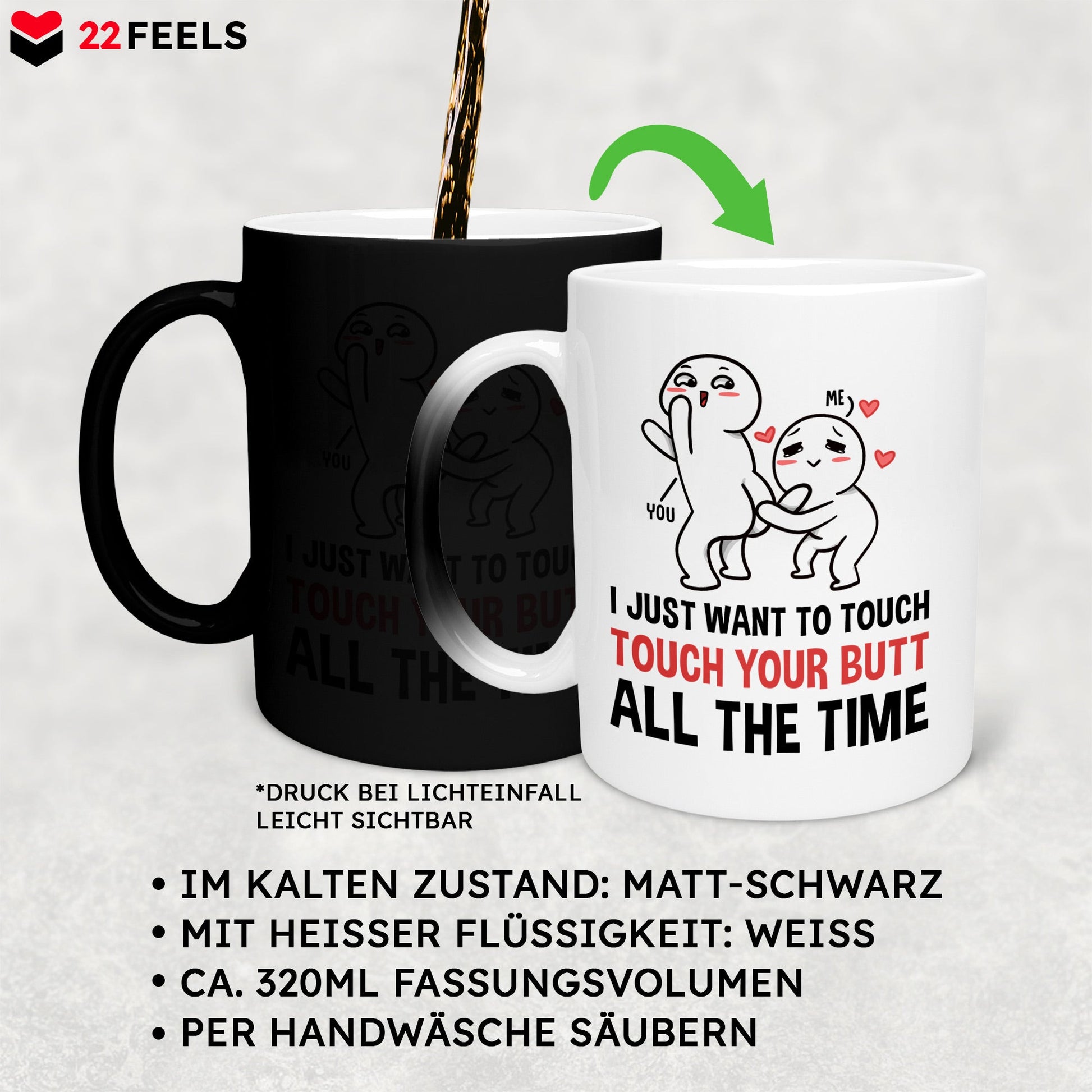 22Feels® Pärchen Geschenk zum Jahrestag, Hochzeitstag, Valentinstag etc. - Zaubertasse mit Spruch (Matt-Schwarz und Weiss, 320ml)-Farbwechsel Tasse Matt 320ml-22Feels
