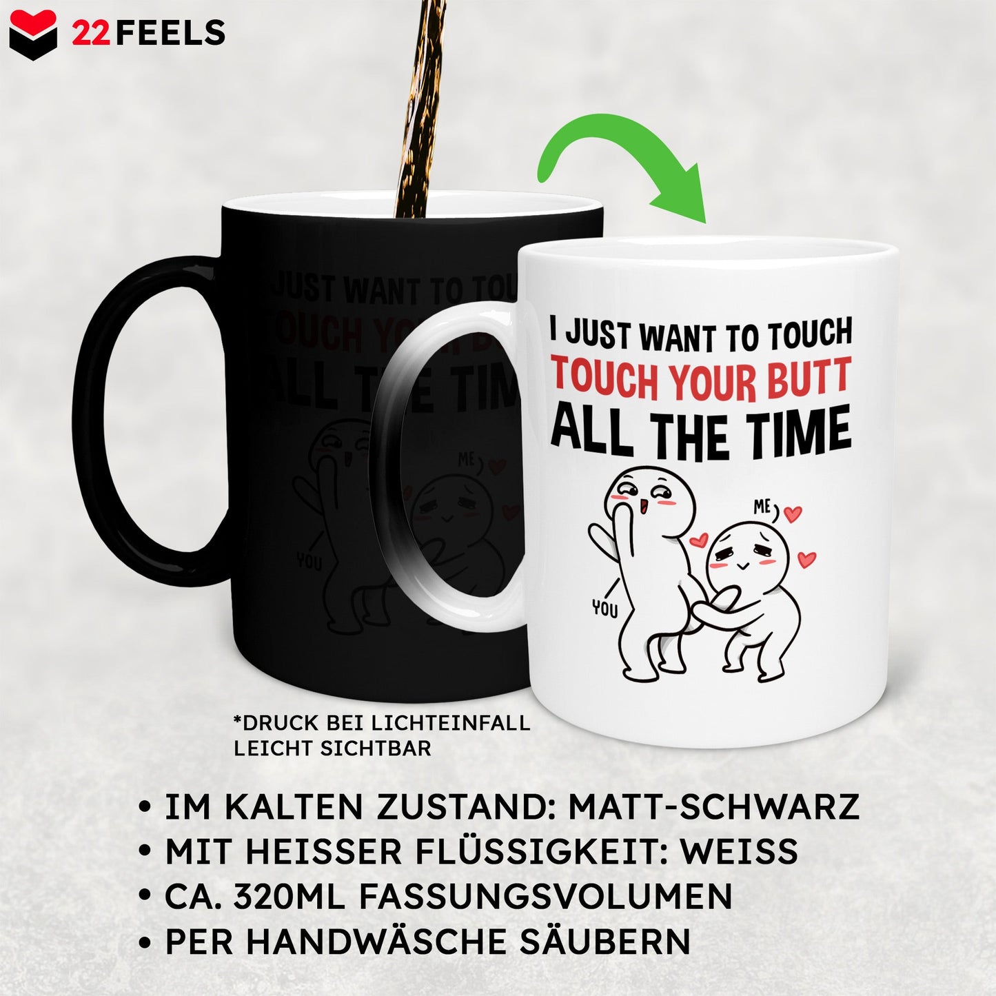 22Feels® Pärchen Geschenk zum Jahrestag, Hochzeitstag, Valentinstag etc. - Zaubertasse mit Spruch (Matt-Schwarz und Weiss, 320ml)-Farbwechsel Tasse Matt 320ml-22Feels