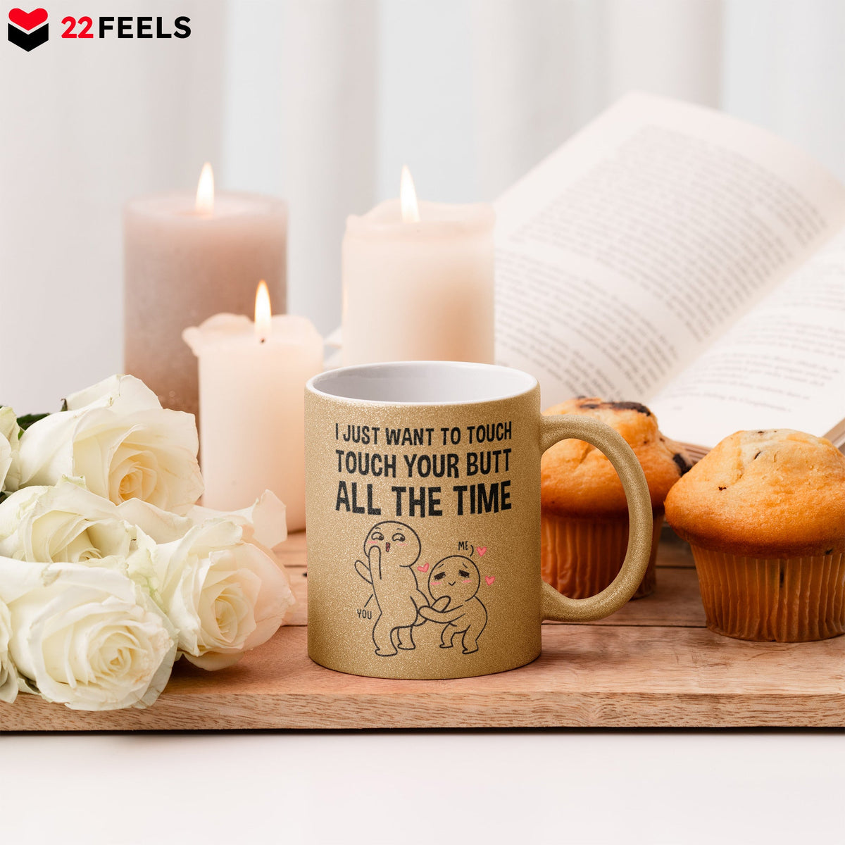 22Feels® Pärchen Geschenk zum Jahrestag, Hochzeitstag, Valentinstag etc. - Glitzertasse mit Spruch (Gold, 320ml)-Glitzertasse Gold 325ml-22Feels
