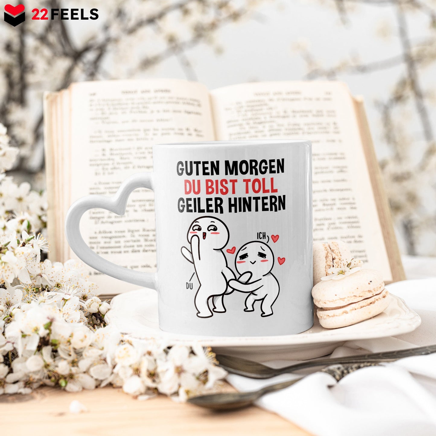 22Feels® Paar Geschenk zum Jahrestag, Hochzeitstag, Valentinstag etc. - Tasse mit Spruch: Guten Morgen (Herzhenkel, Weiss, 320ml)-Tasse Weiss Herzhenkel 320ml-22Feels