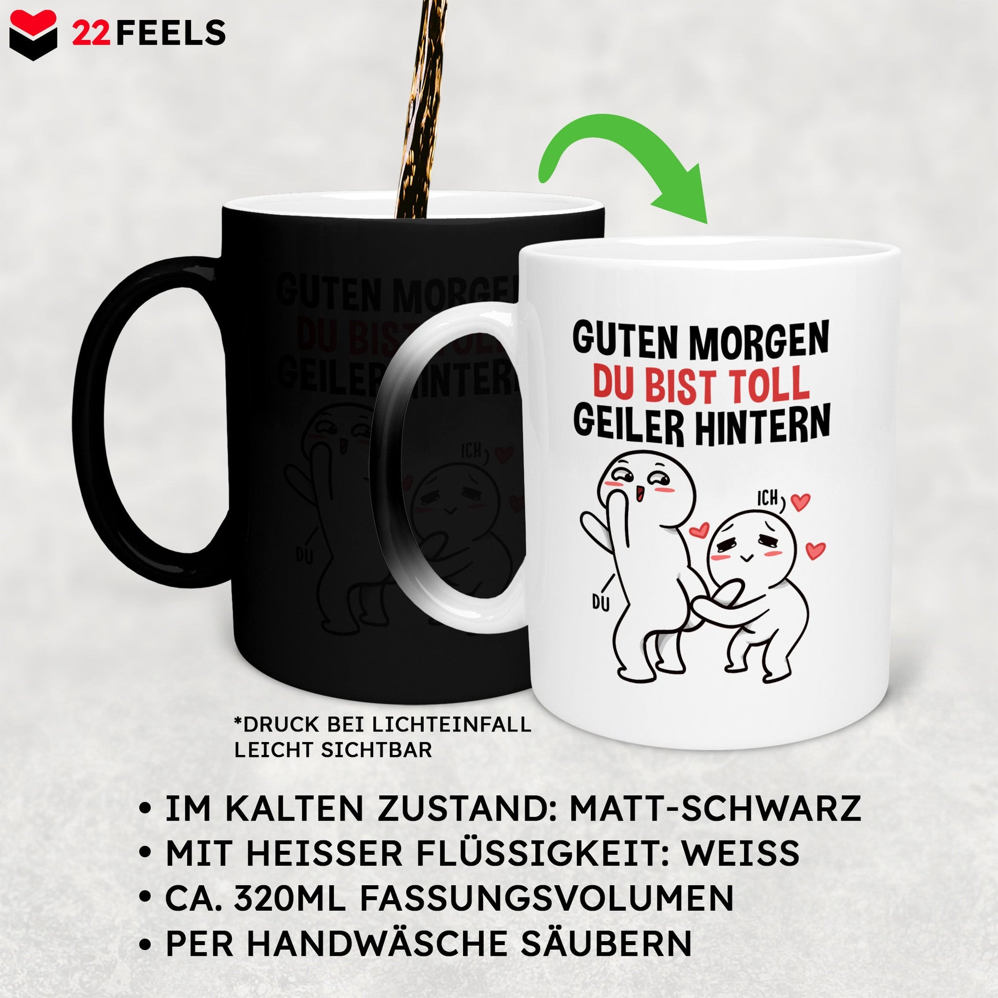 22Feels® Pärchen Geschenk zum Jahrestag, Hochzeitstag, Valentinstag etc. - Zaubertasse mit Spruch (Matt-Schwarz und Weiss, 320ml)-Farbwechsel Tasse Matt 320ml-22Feels