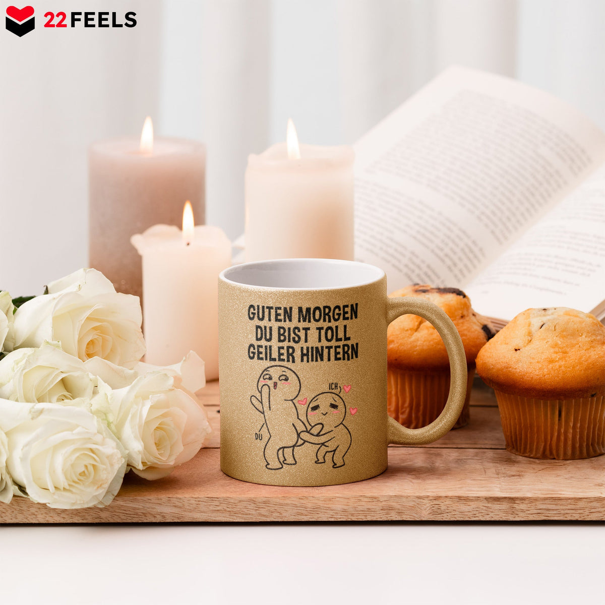 22Feels® Pärchen Geschenk zum Jahrestag, Hochzeitstag, Valentinstag etc. - Glitzertasse mit Spruch (Gold, 320ml)-Glitzertasse Gold 325ml-22Feels