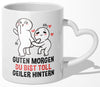 22Feels® Paar Geschenk zum Jahrestag, Hochzeitstag, Valentinstag etc. - Tasse mit Spruch: Guten Morgen, Du Bist Toll, Geiler Hintern (Herzhenkel, Weiss, 320ml)-Tasse Weiss Herzhenkel 320ml-22Feels