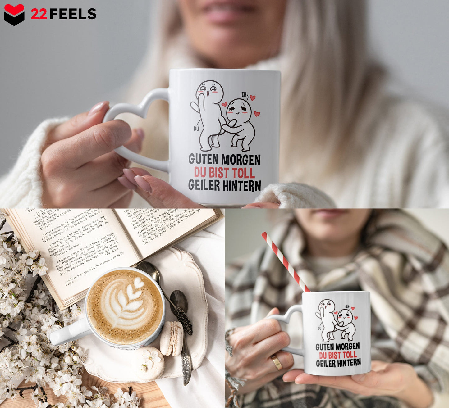 22Feels® Paar Geschenk zum Jahrestag, Hochzeitstag, Valentinstag etc. - Tasse mit Spruch: Guten Morgen, Du Bist Toll, Geiler Hintern (Herzhenkel, Weiss, 320ml)-Tasse Weiss Herzhenkel 320ml-22Feels