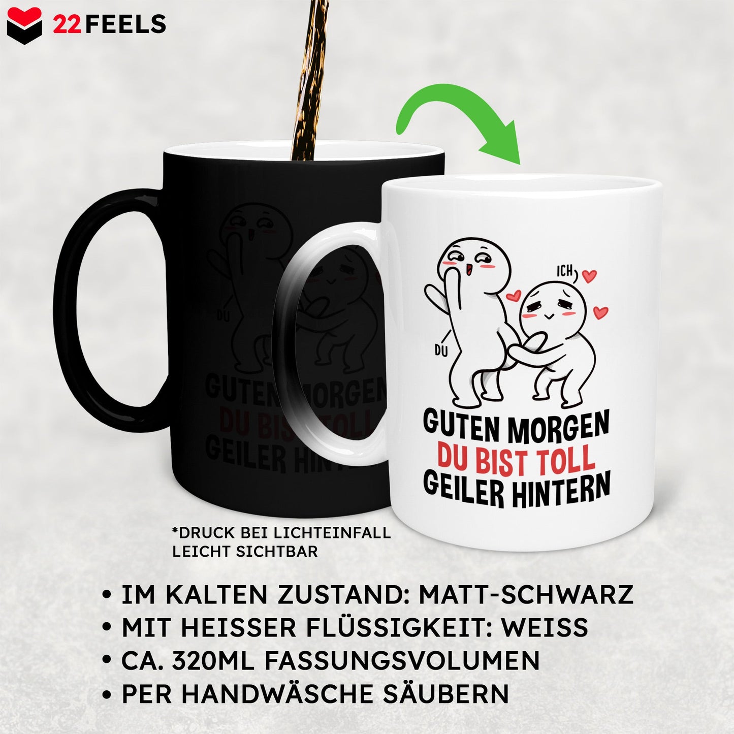 22Feels® Pärchen Geschenk zum Jahrestag, Hochzeitstag, Valentinstag etc. - Zaubertasse mit Spruch (Matt-Schwarz und Weiss, 320ml)-Farbwechsel Tasse Matt 320ml-22Feels