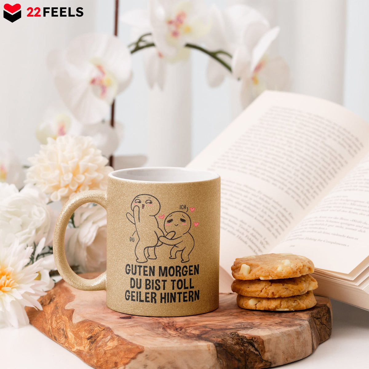 22Feels® Pärchen Geschenk zum Jahrestag, Hochzeitstag, Valentinstag etc. - Glitzertasse mit Spruch (Gold, 320ml)-Glitzertasse Gold 325ml-22Feels