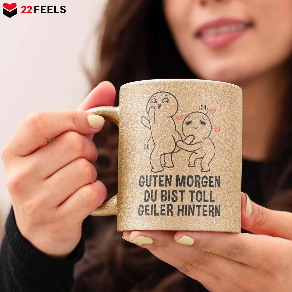 22Feels® Pärchen Geschenk zum Jahrestag, Hochzeitstag, Valentinstag etc. - Glitzertasse mit Spruch (Gold, 320ml)-Glitzertasse Gold 325ml-22Feels