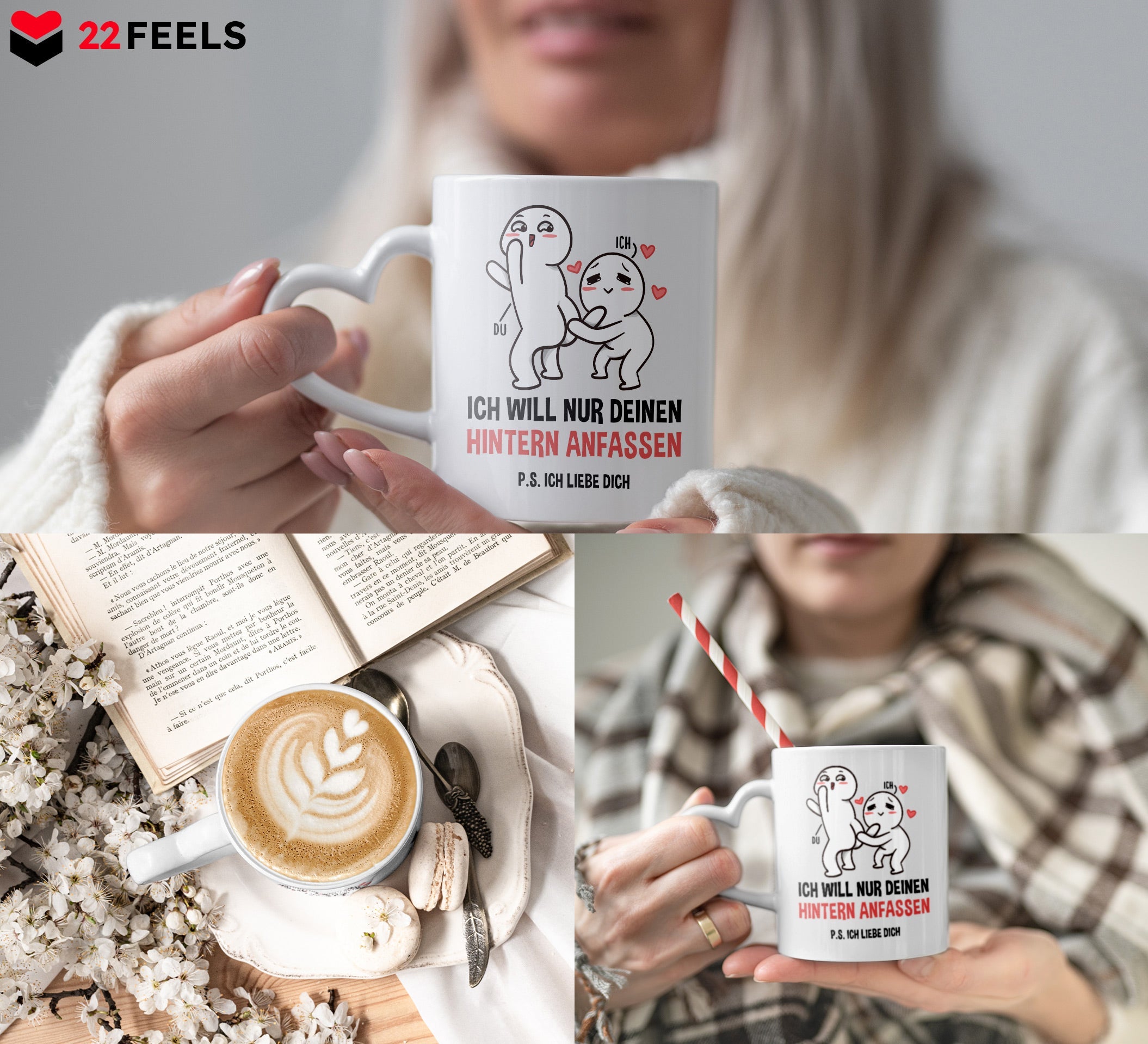 22Feels® Paar Geschenk zum Jahrestag, Hochzeitstag, Valentinstag etc. - Tasse mit Spruch: P.S. Ich Liebe Dich (Herzhenkel, Weiss, 320ml)-Tasse Weiss Herzhenkel 320ml-22Feels