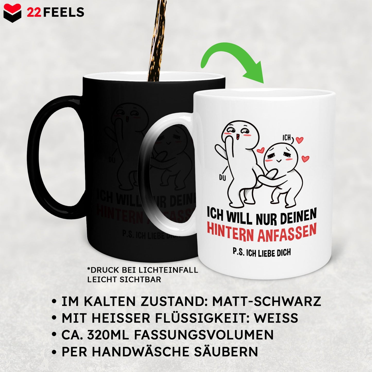 22Feels® Pärchen Geschenk zum Jahrestag, Hochzeitstag, Valentinstag etc. - Zaubertasse mit Spruch (Matt-Schwarz und Weiss, 320ml)-Farbwechsel Tasse Matt 320ml-22Feels
