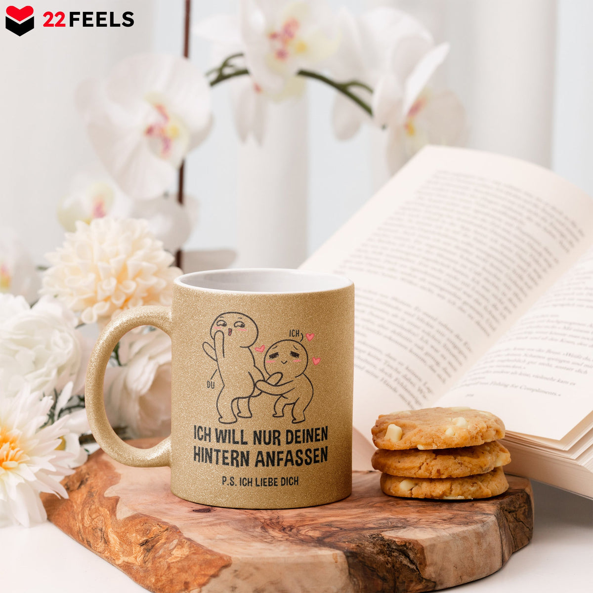 22Feels® Pärchen Geschenk zum Jahrestag, Hochzeitstag, Valentinstag etc. - Glitzertasse mit Spruch (Gold, 320ml)-Glitzertasse Gold 325ml-22Feels