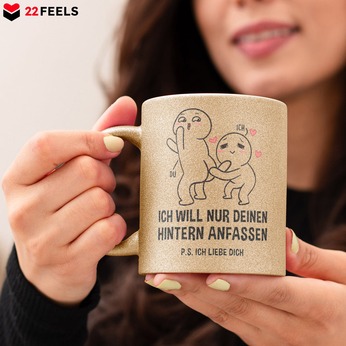 22Feels® Pärchen Geschenk zum Jahrestag, Hochzeitstag, Valentinstag etc. - Glitzertasse mit Spruch (Gold, 320ml)-Glitzertasse Gold 325ml-22Feels