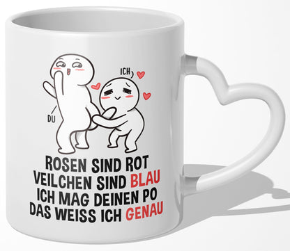 22Feels® Paar Geschenk zum Jahrestag, Hochzeitstag, Valentinstag etc. - Tasse mit Spruch: Rosen sind rot (Herzhenkel, Weiss, 320ml)-Tasse Weiss Herzhenkel 320ml-22Feels
