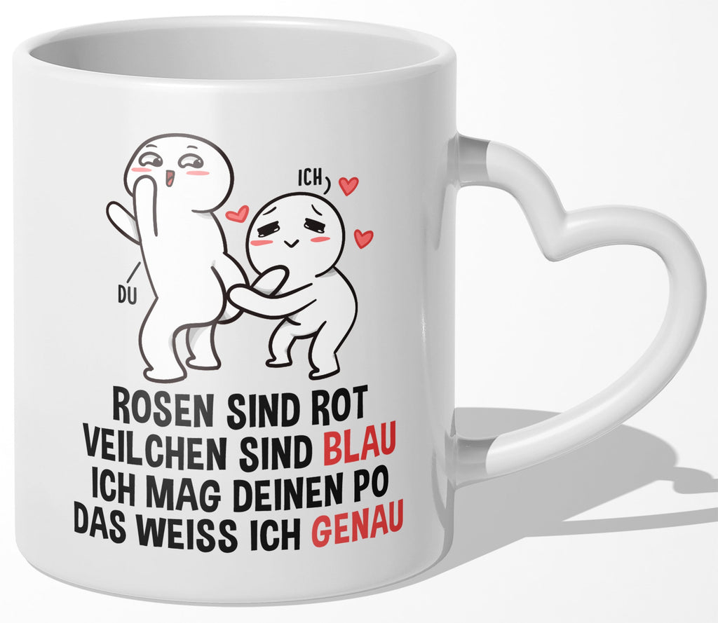 22Feels® Paar Geschenk zum Jahrestag, Hochzeitstag, Valentinstag etc. - Tasse mit Spruch: Rosen sind rot (Herzhenkel, Weiss, 320ml)-Tasse Weiss Herzhenkel 320ml-22Feels