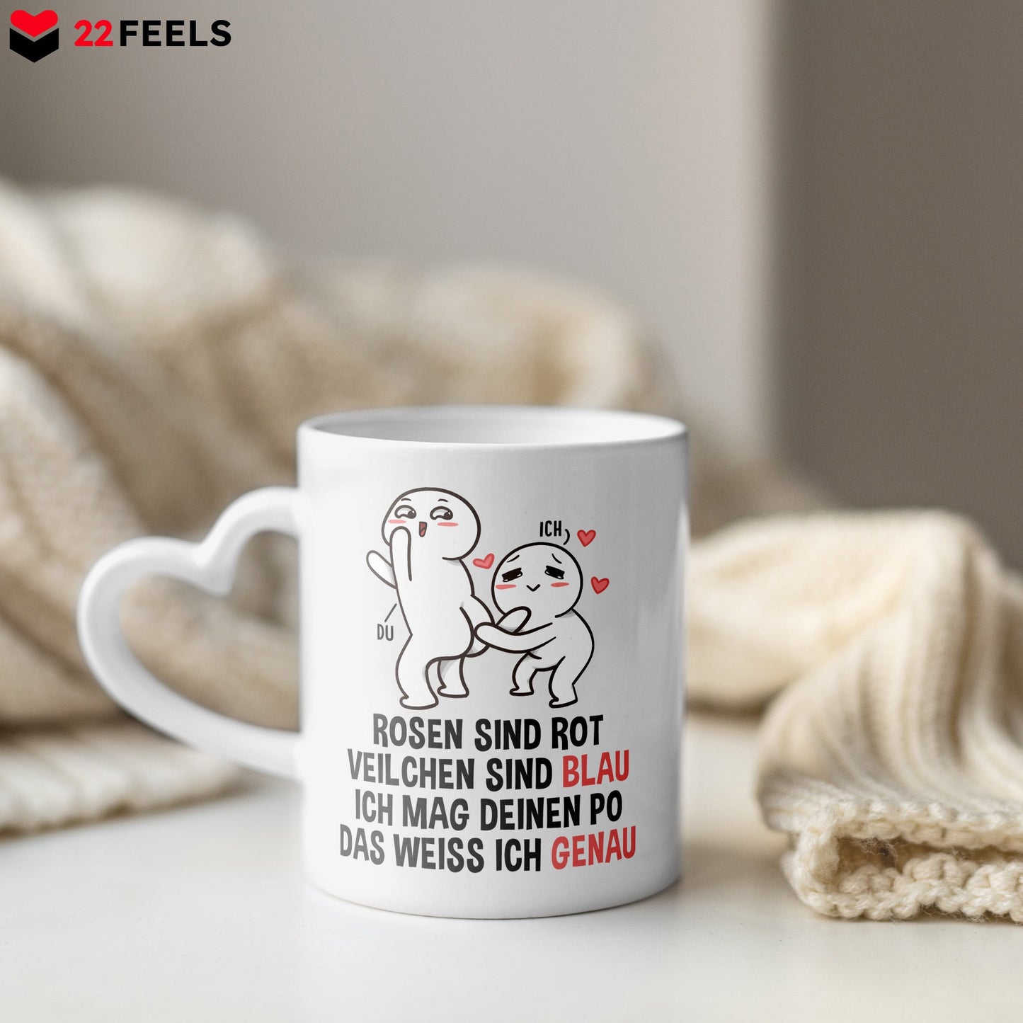 22Feels® Paar Geschenk zum Jahrestag, Hochzeitstag, Valentinstag etc. - Tasse mit Spruch: Rosen sind rot (Herzhenkel, Weiss, 320ml)-Tasse Weiss Herzhenkel 320ml-22Feels