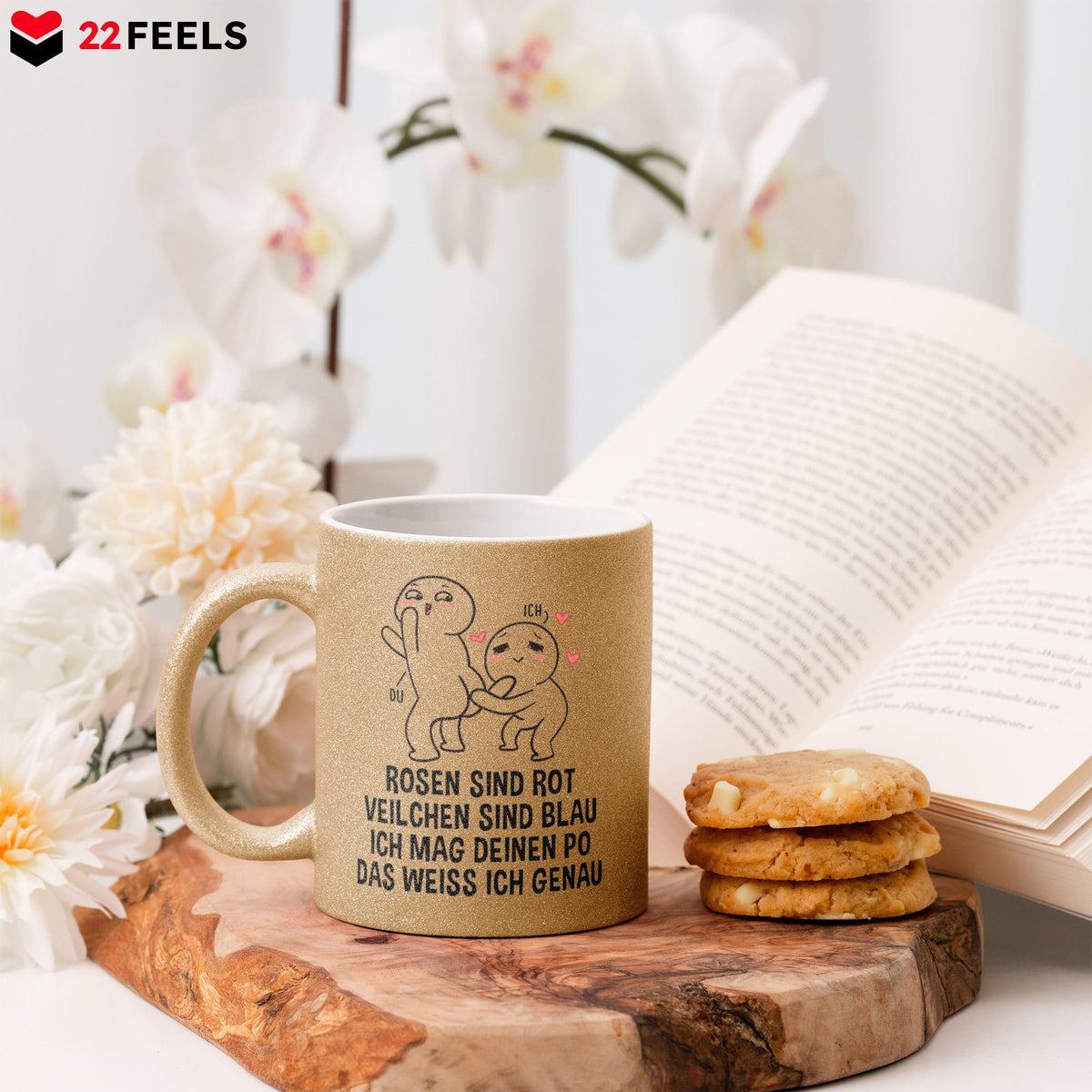 22Feels® Pärchen Geschenk zum Jahrestag, Hochzeitstag, Valentinstag etc. - Glitzertasse mit Spruch (Gold, 320ml)-Glitzertasse Gold 325ml-22Feels