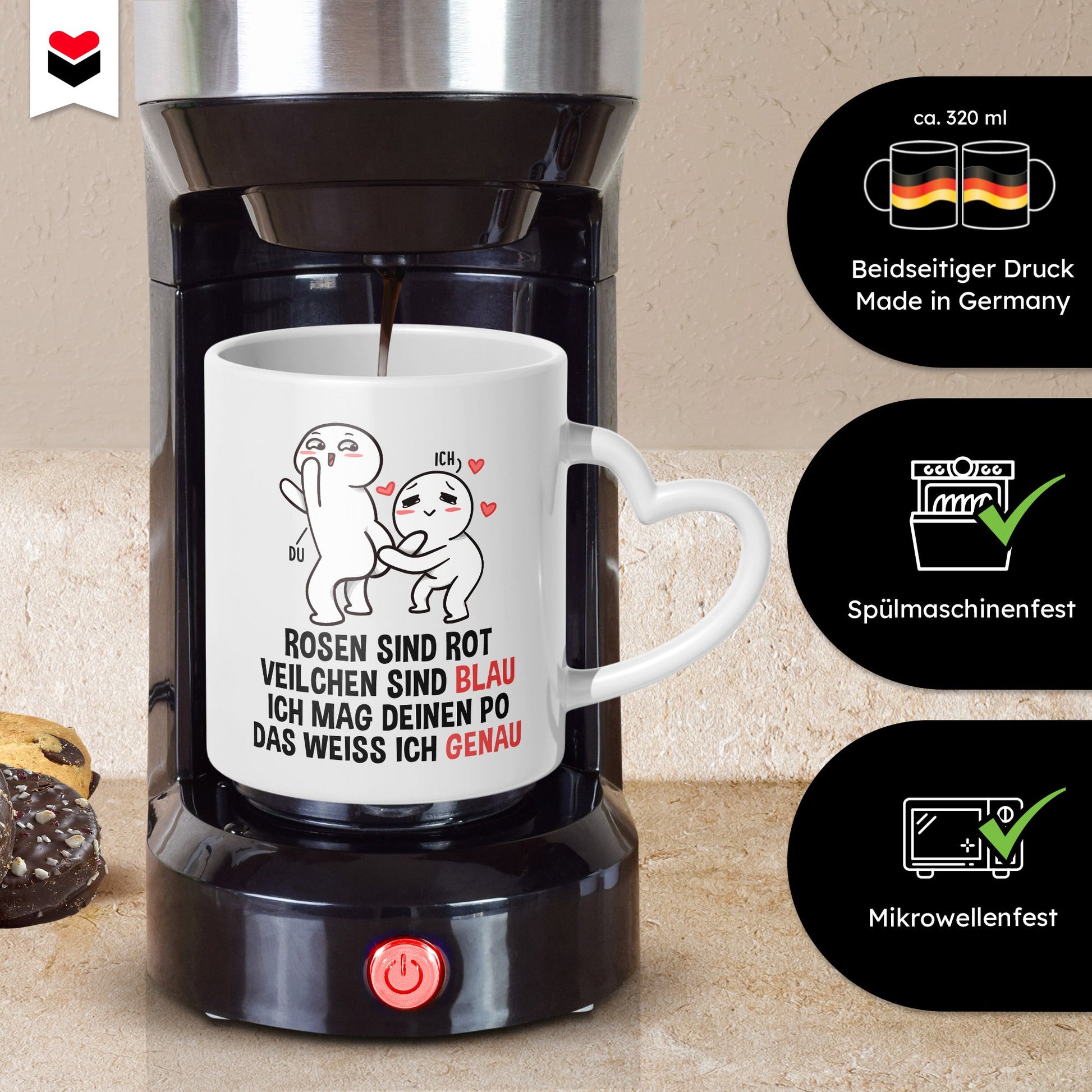 22Feels® Paar Geschenk zum Jahrestag, Hochzeitstag, Valentinstag etc. - Tasse mit Spruch: Rosen sind rot (Herzhenkel, Weiss, 320ml)-Tasse Weiss Herzhenkel 320ml-22Feels