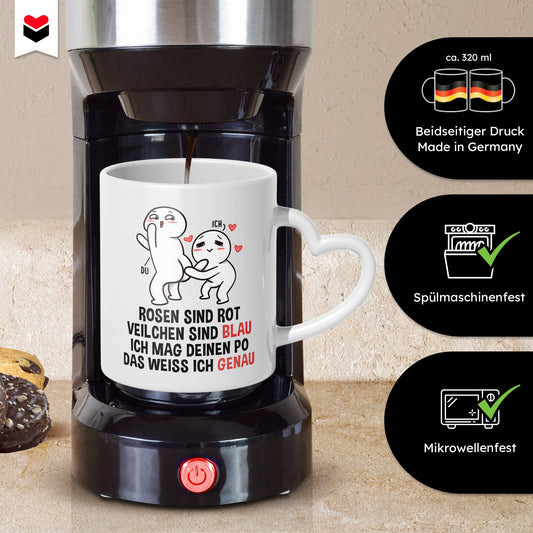 22Feels® Paar Geschenk zum Jahrestag, Hochzeitstag, Valentinstag etc. - Tasse mit Spruch: Rosen sind rot (Herzhenkel, Weiss, 320ml)-Tasse Weiss Herzhenkel 320ml-22Feels