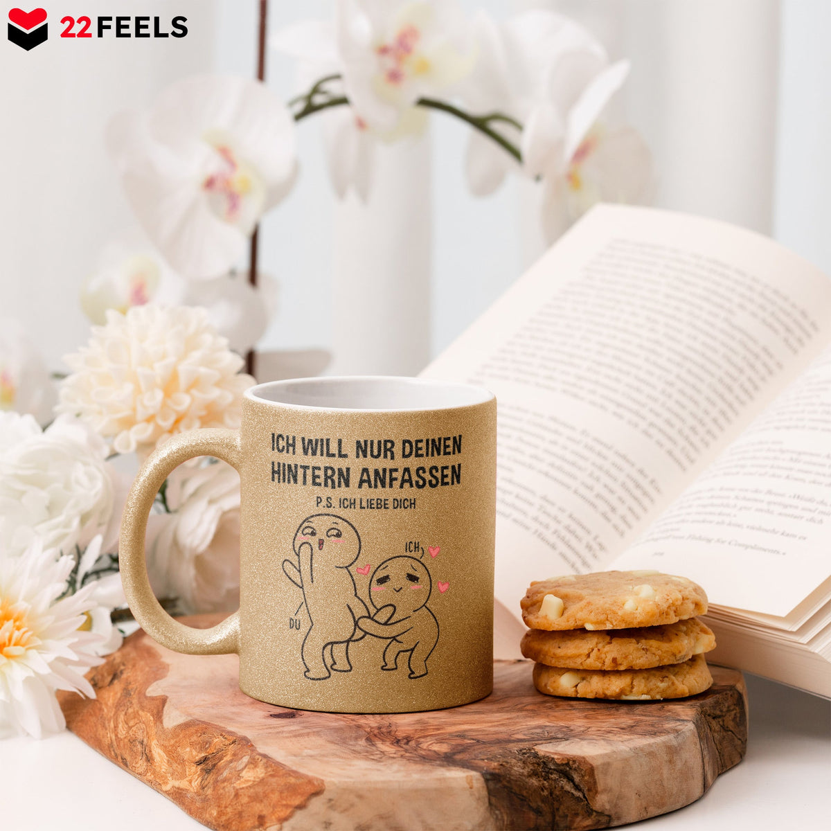 22Feels® Pärchen Geschenk zum Jahrestag, Hochzeitstag, Valentinstag etc. - Glitzertasse mit Spruch (Gold, 320ml)-Glitzertasse Gold 325ml-22Feels