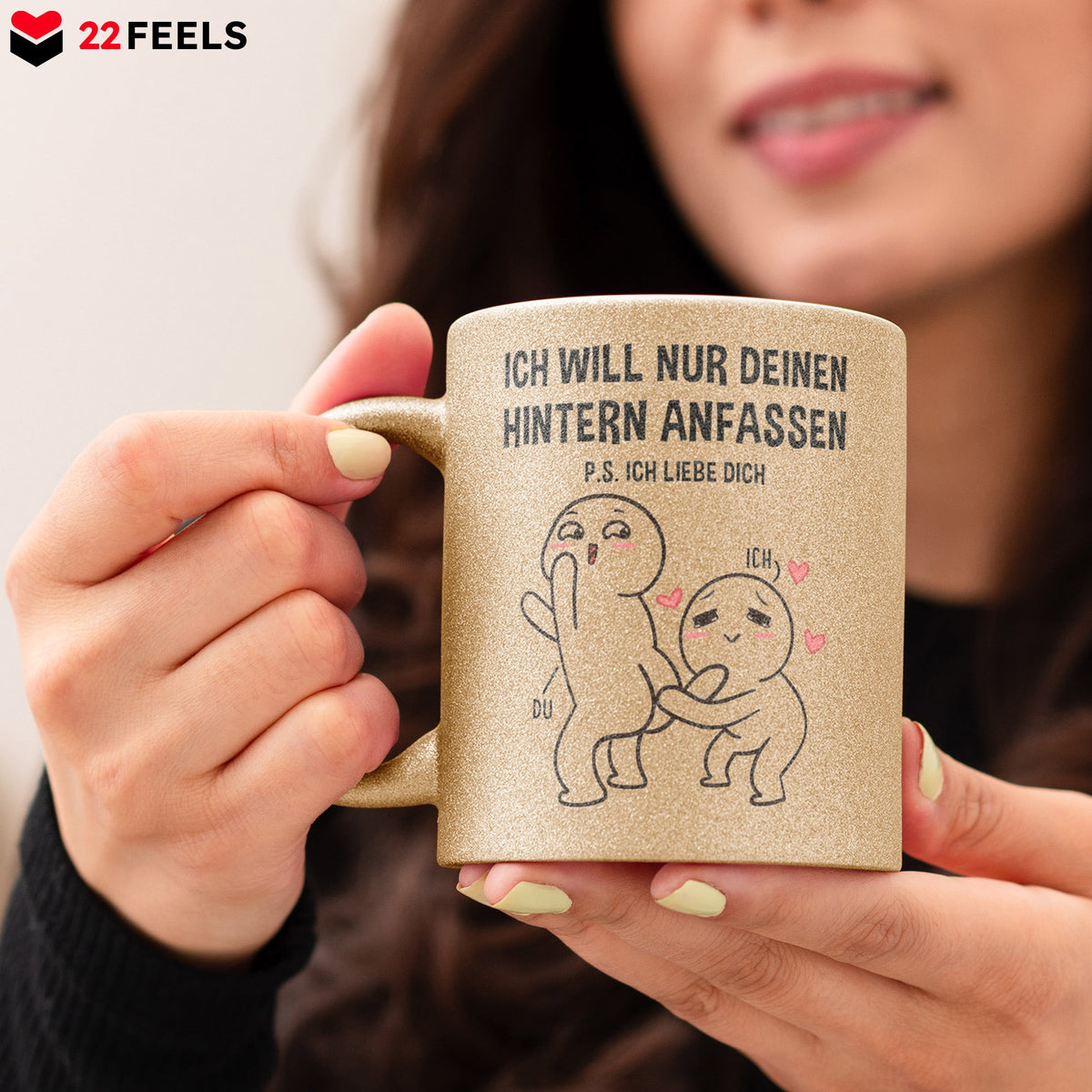 22Feels® Pärchen Geschenk zum Jahrestag, Hochzeitstag, Valentinstag etc. - Glitzertasse mit Spruch (Gold, 320ml)-Glitzertasse Gold 325ml-22Feels