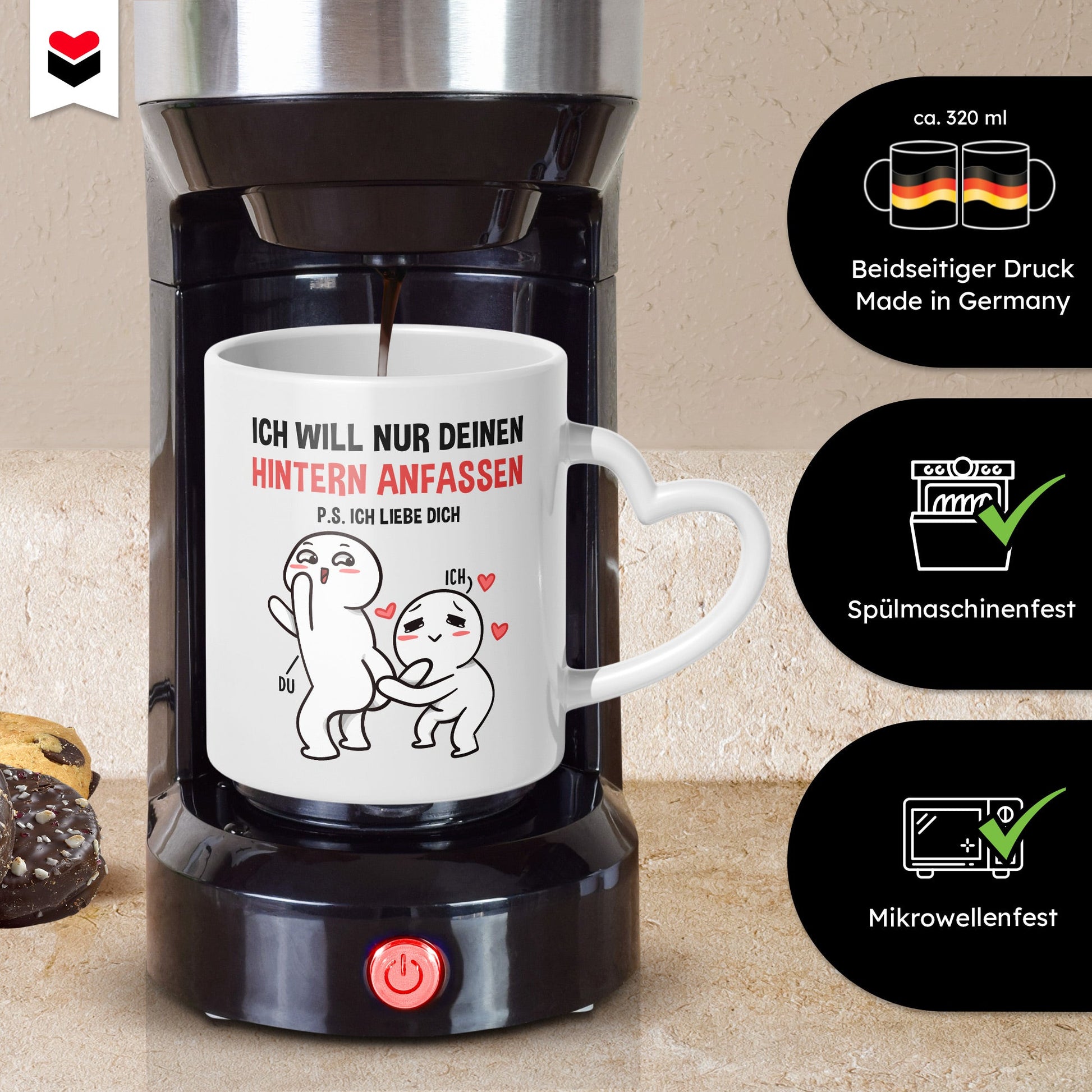 22Feels® Paar Geschenk zum Jahrestag, Hochzeitstag, Valentinstag etc. - Tasse mit Spruch: Ich Will Nur (Herzhenkel, Weiss, 320ml)-Tasse Weiss Herzhenkel 320ml-22Feels