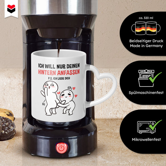 22Feels® Paar Geschenk zum Jahrestag, Hochzeitstag, Valentinstag etc. - Tasse mit Spruch: Ich Will Nur (Herzhenkel, Weiss, 320ml)-Tasse Weiss Herzhenkel 320ml-22Feels